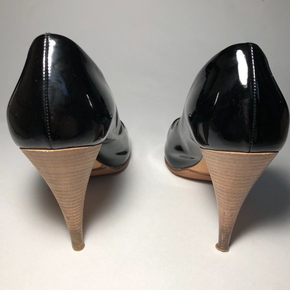 MIU MIU Black Patent Leather Open Toe Wooden Heel - Picture 5 of 6
